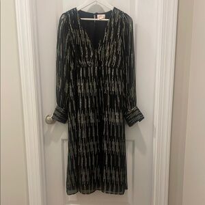 Black and Gold Plunge Neck Bishop Sleeve Evening Dress